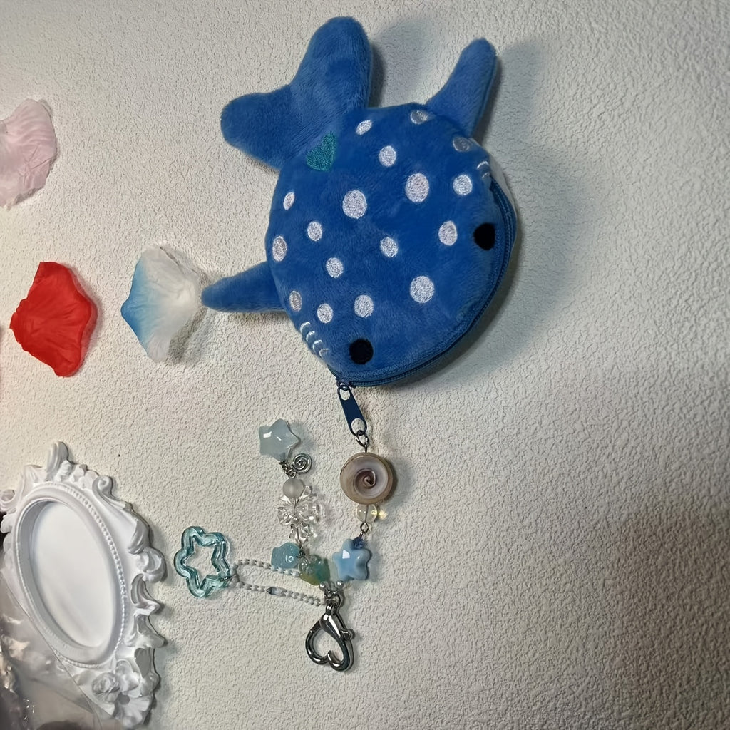 Cartoon Style Handmade Ocean-Themed Whale Shark Coin Purse with Beaded Keychain, Zip Closure, Polyurethane Lining, and Zip Pocket - Perfect Valentine'S Day Gift for Girls