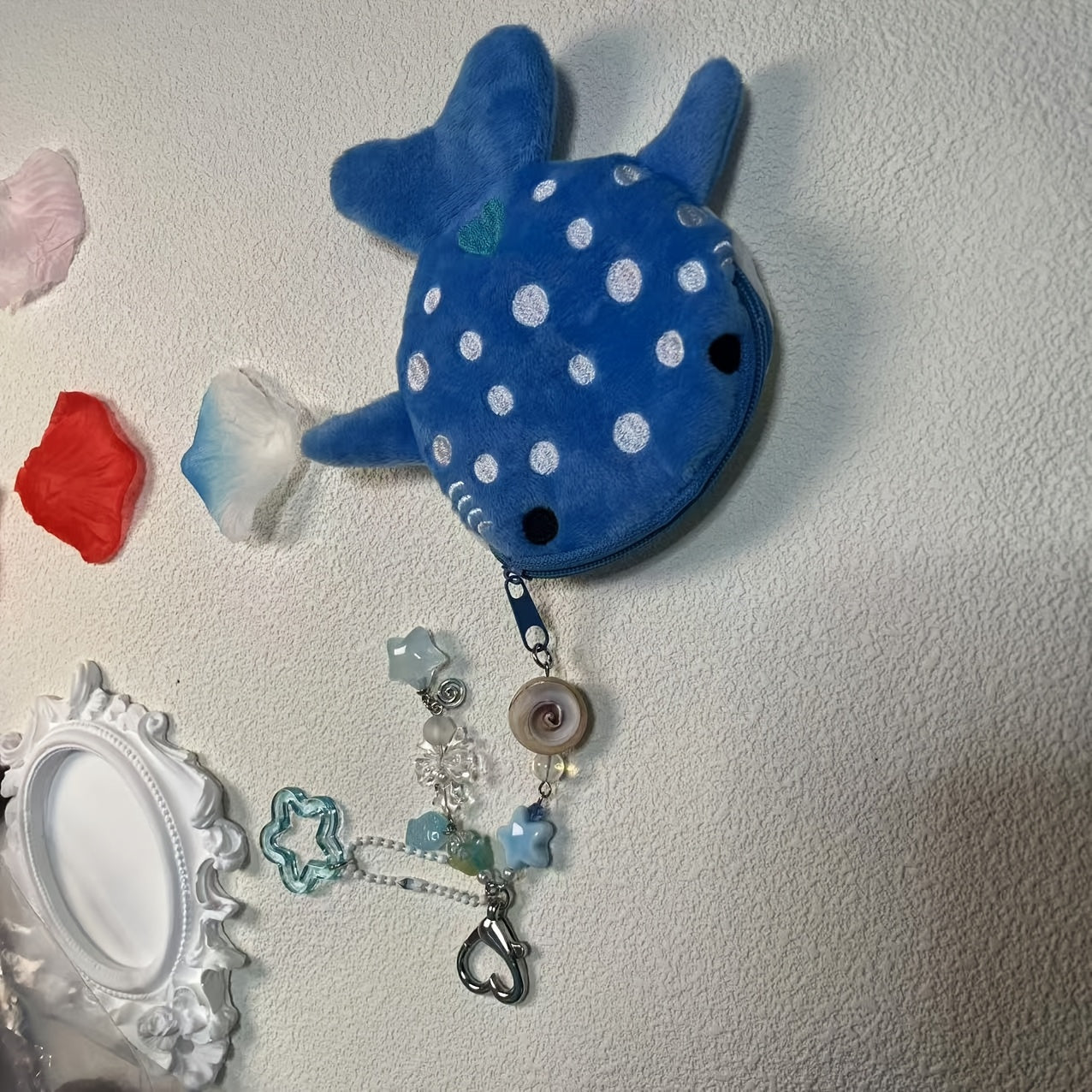 Cartoon Style Handmade Ocean-Themed Whale Shark Coin Purse with Beaded Keychain, Zip Closure, Polyurethane Lining, and Zip Pocket - Perfect Valentine'S Day Gift for Girls