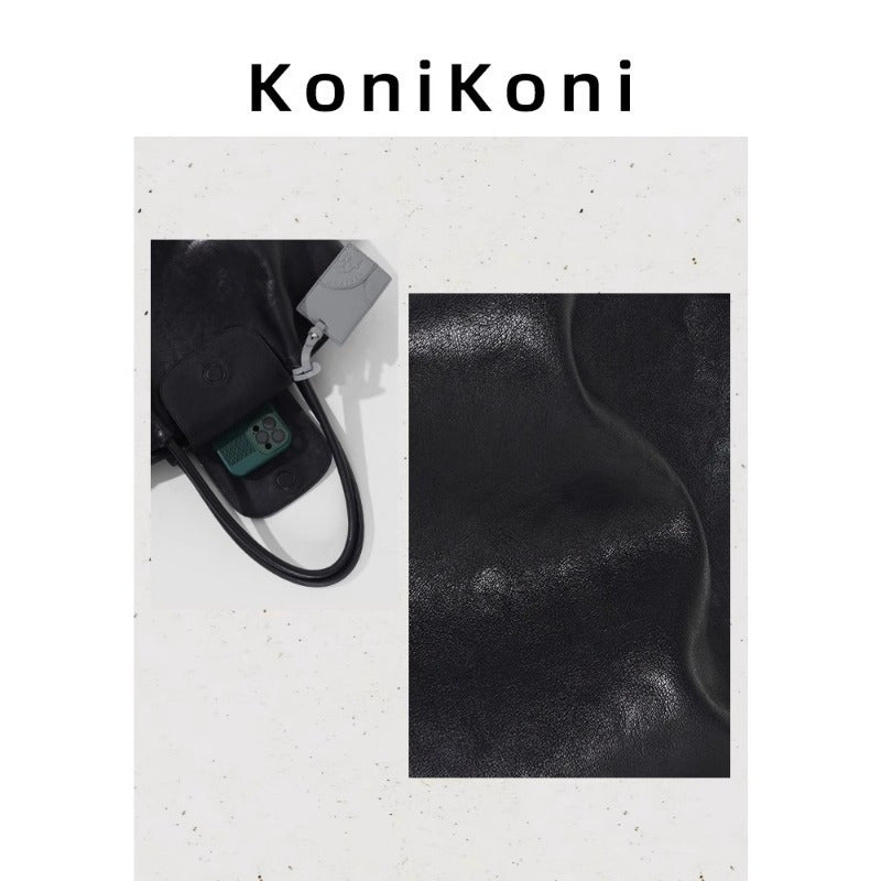 KoniKoni Genuine Leather Niche Black Large Capacity Tote Bag for Women, New Commuter Shoulder Handbag