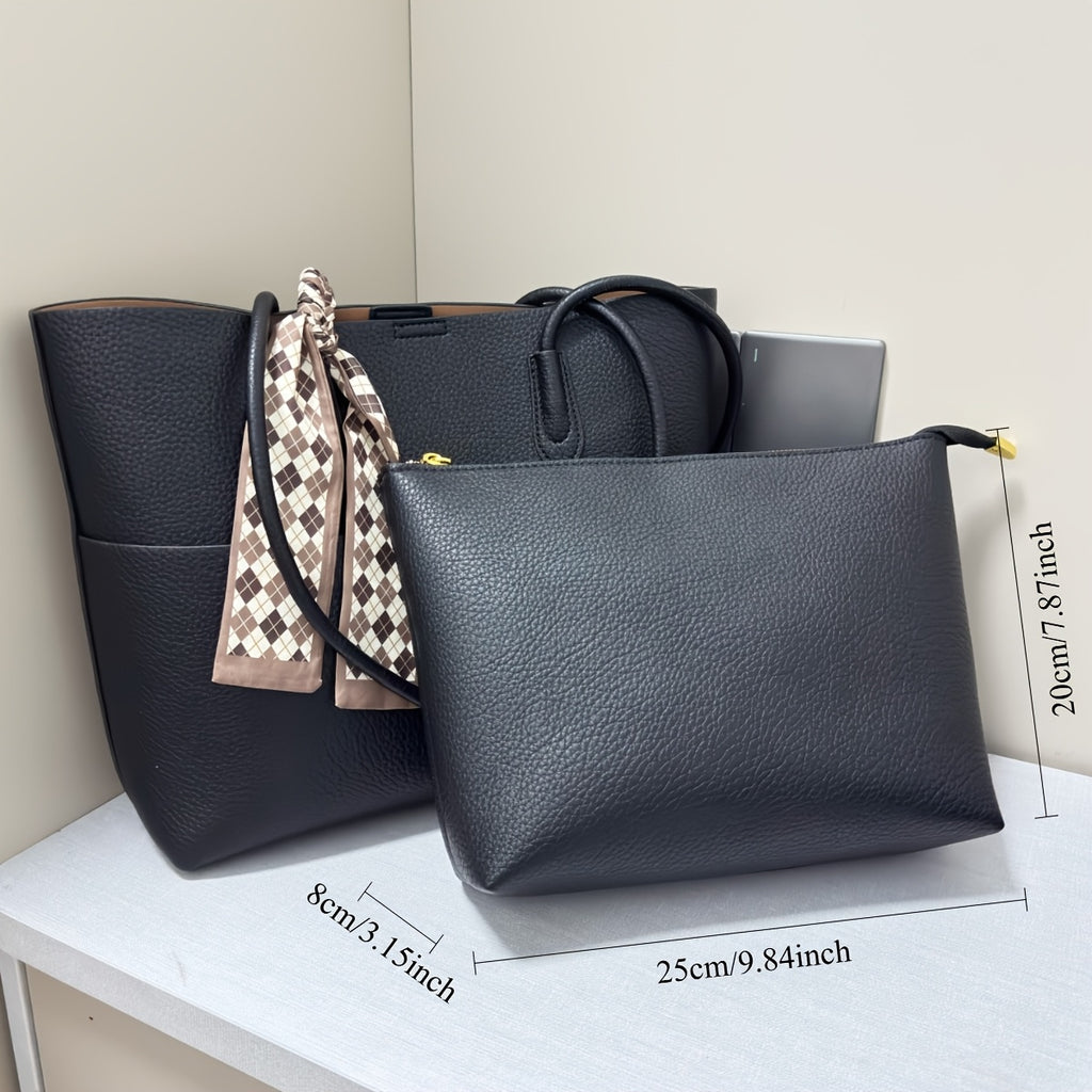 Women's Classic Tote Bag with Scarf Accent - Large Capacity Shoulder Bag, Beige with White Patterned Scarf, Casual Everyday Commuter Handbag, Twotiered