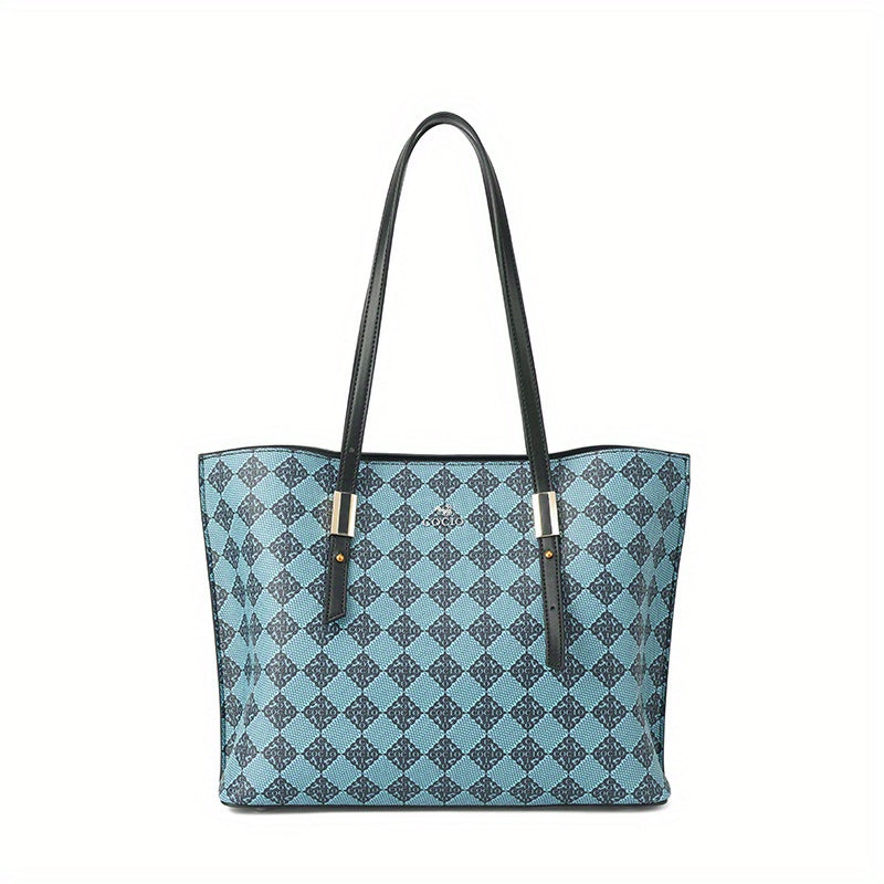 Elegant Blue & White Checkered Tote Bag for Women - Versatile Shoulder Handbag with Adjustable Strap, Magnetic Closure