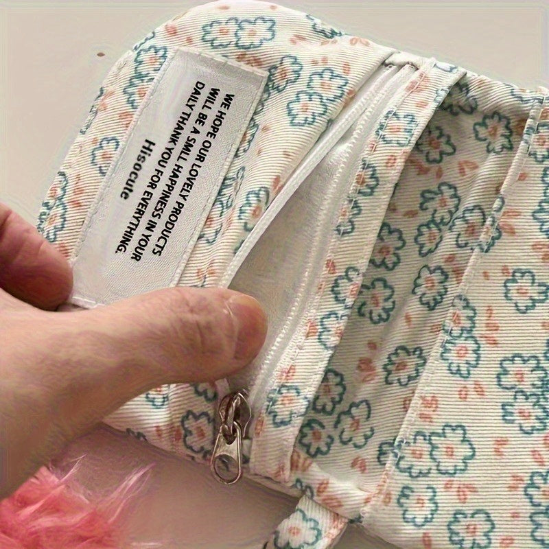 2 mini flower card holders&coin purse - pink, blue-green, small flower white background design, secure zipper closure, portable keychain style Women's small wallet, compact and durable card coin storage bag