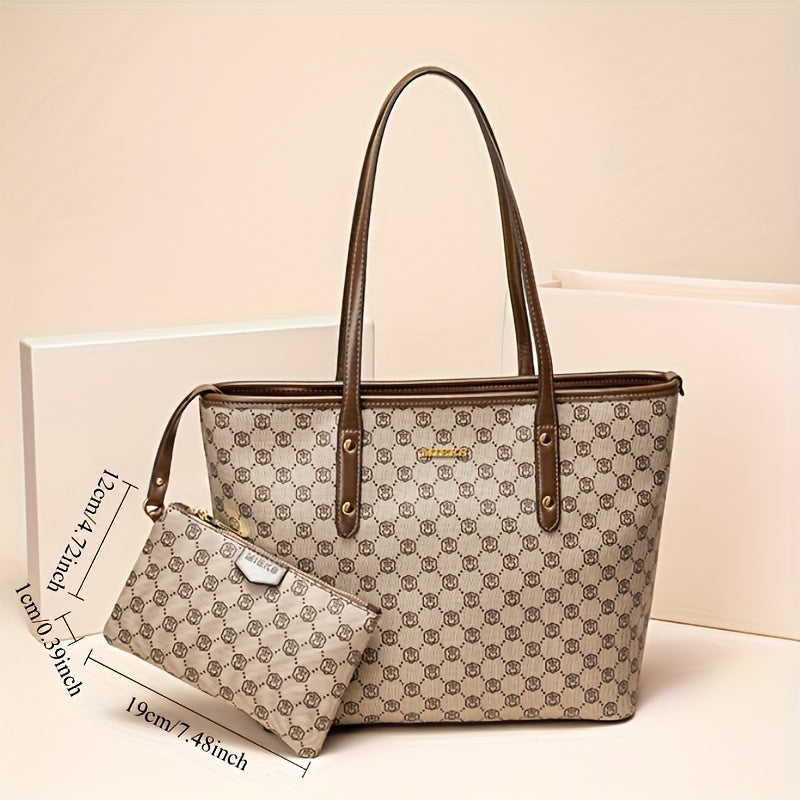 Chic Vintage-Inspired Tote Bag for Women - Spacious Khaki PVC Shoulder Handbag with Zip Closure