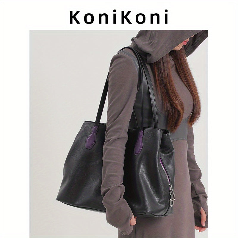 KoniKoni Red Leather Tote Bag - Large Capacity, Durable Edge Paint, Zipper Closure