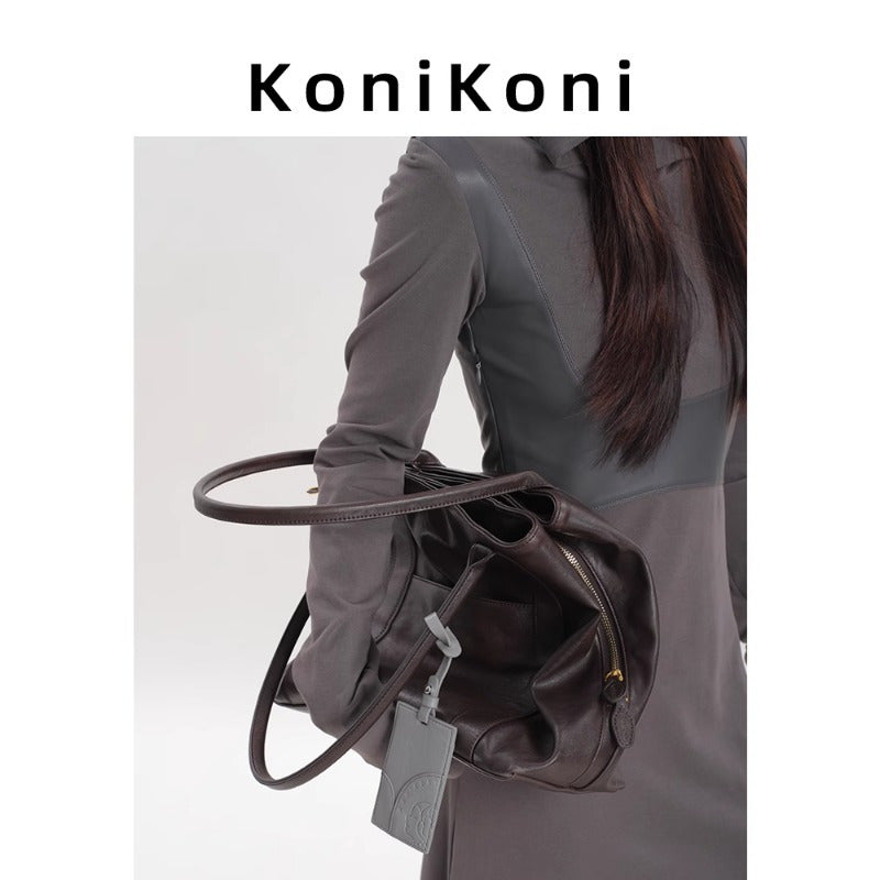 KoniKoni Red Leather Tote Bag - Large Capacity, Durable Edge Paint, Zipper Closure