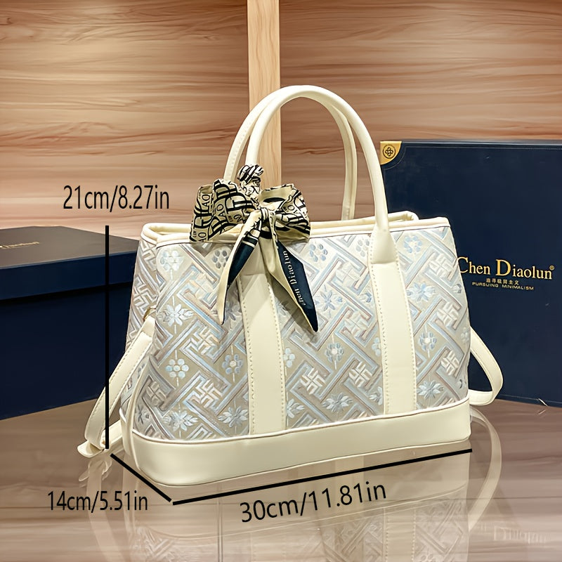 2025 New Vintage-Inspired Large Capacity Tote Bag for Women - Elegant Beige Synthetic with Geometric Pattern, Detachable Shoulder Strap & Zipper Closure