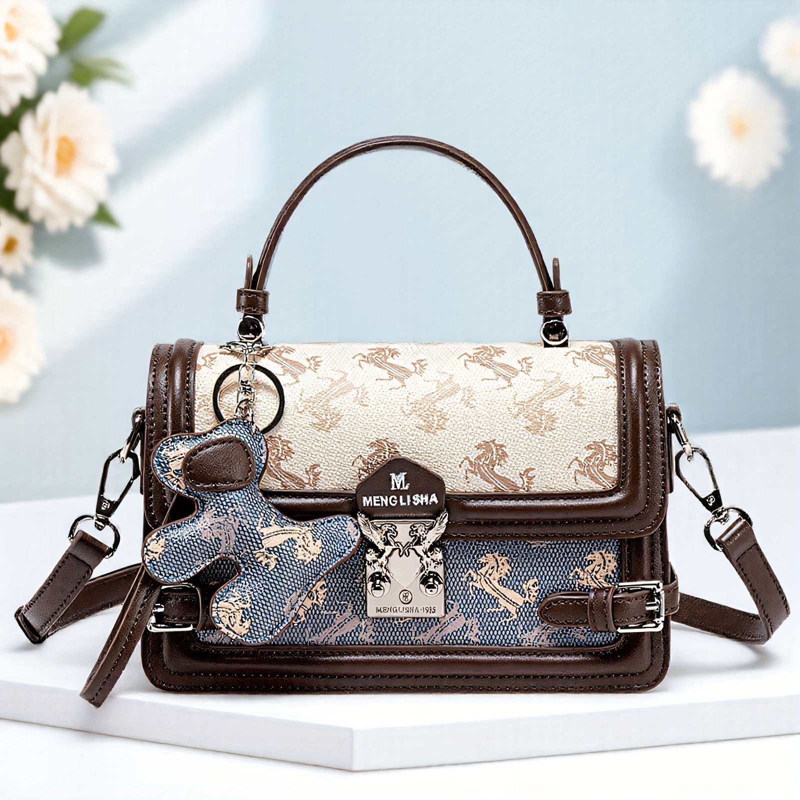 2025 New Women'S Vintage Floral Crossbody Bag - Adjustable Strap, Blue Floral Embroidery, Synthetic with Polyester Lining, Elegant Everyday Commute & Casual Shoulder Bag, Crossbody Purse, Everyday Accessory, Classic Style, Textured Finish