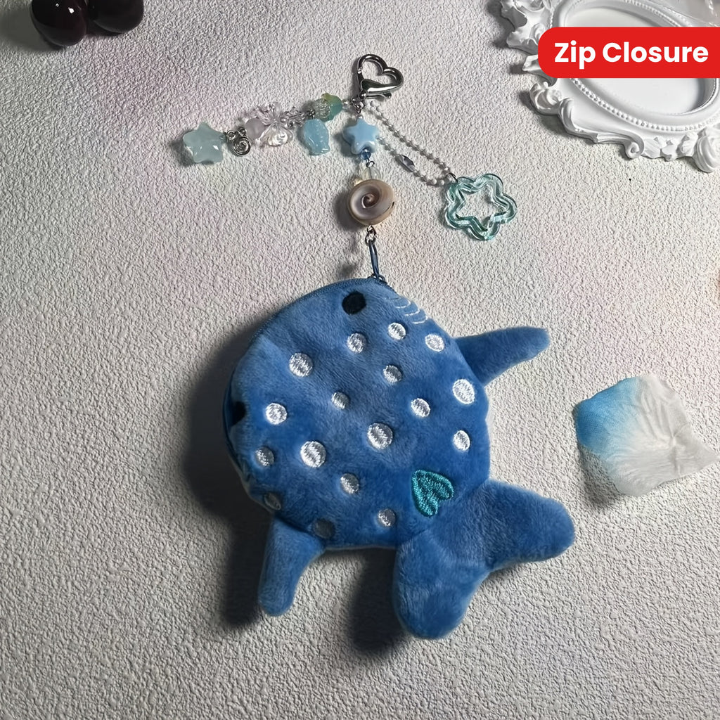 Cartoon Style Handmade Ocean-Themed Whale Shark Coin Purse with Beaded Keychain, Zip Closure, Polyurethane Lining, and Zip Pocket - Perfect Valentine'S Day Gift for Girls