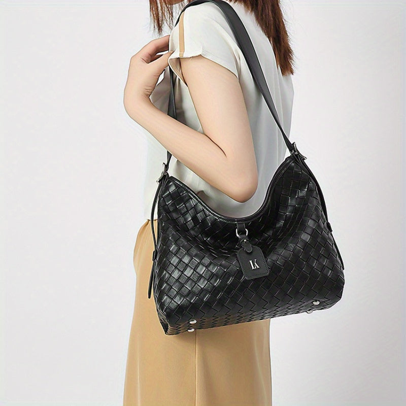 Elegant White Woven Tote Bag with Adjustable Strap - Chic Grid Pattern, Zipper Closure