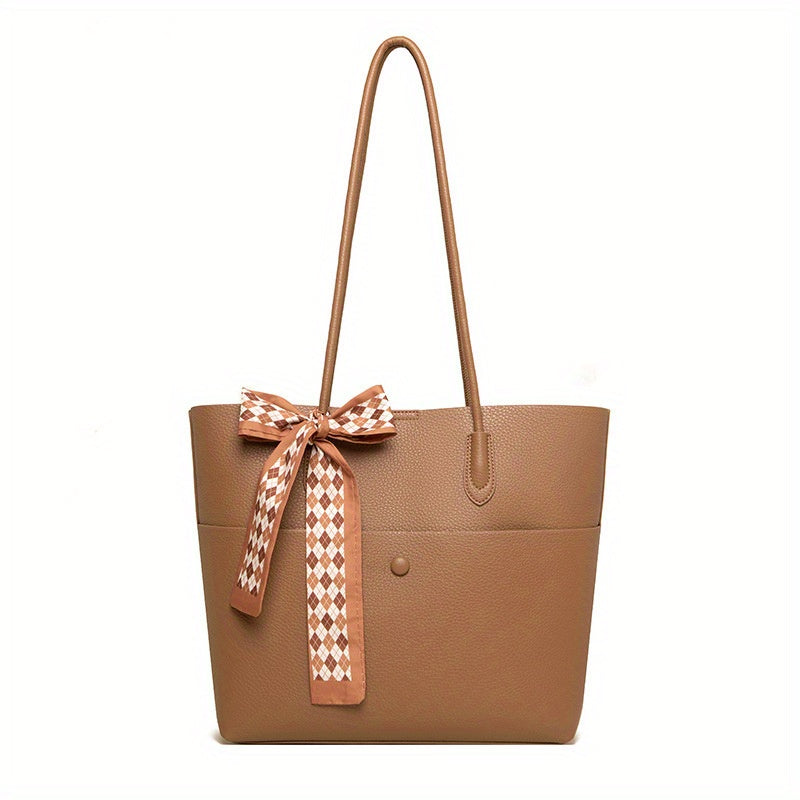 Women's Classic Tote Bag with Scarf Accent - Large Capacity Shoulder Bag, Beige with White Patterned Scarf, Casual Everyday Commuter Handbag, Twotiered