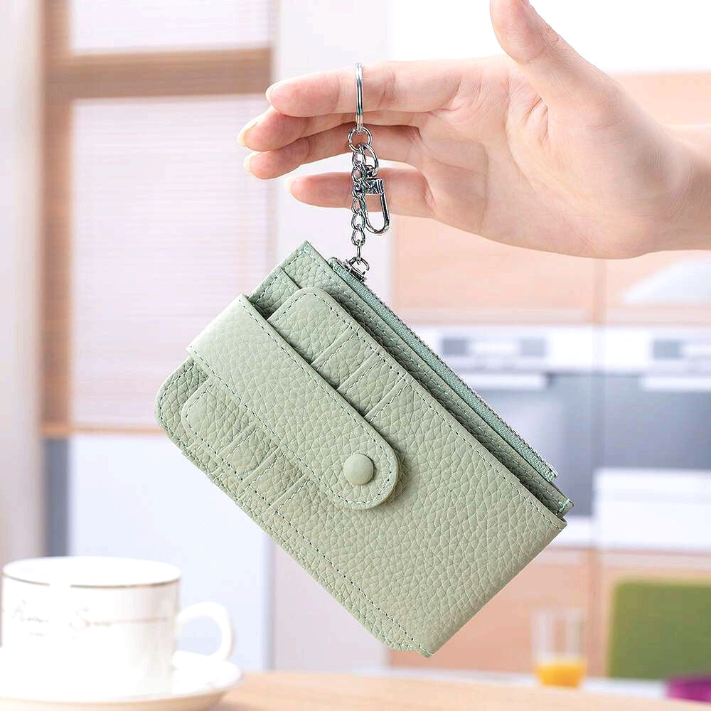 Women'S Genuine Leather Coin Purse with Multiple Card Slots - Slim Mint Green Mini Wallet, Snap Closure & Keychain, Compact Portable Design for Everyday Use, Coin Purse Storage, Stylish Accessory, Textured Finish