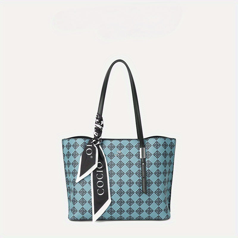 Elegant Blue & White Checkered Tote Bag for Women - Versatile Shoulder Handbag with Adjustable Strap, Magnetic Closure