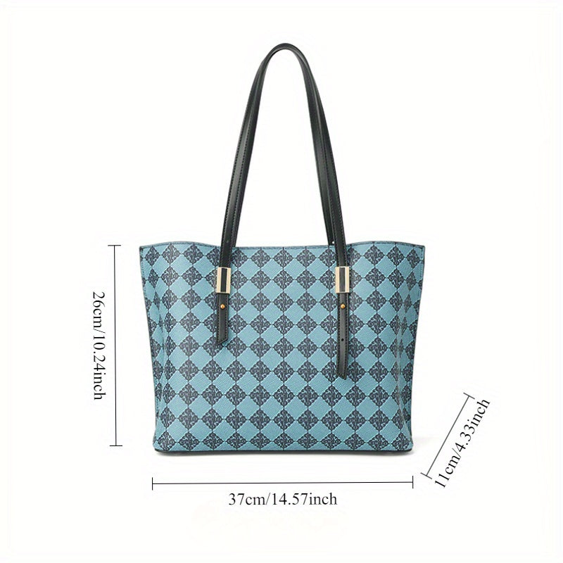 Elegant Blue & White Checkered Tote Bag for Women - Versatile Shoulder Handbag with Adjustable Strap, Magnetic Closure