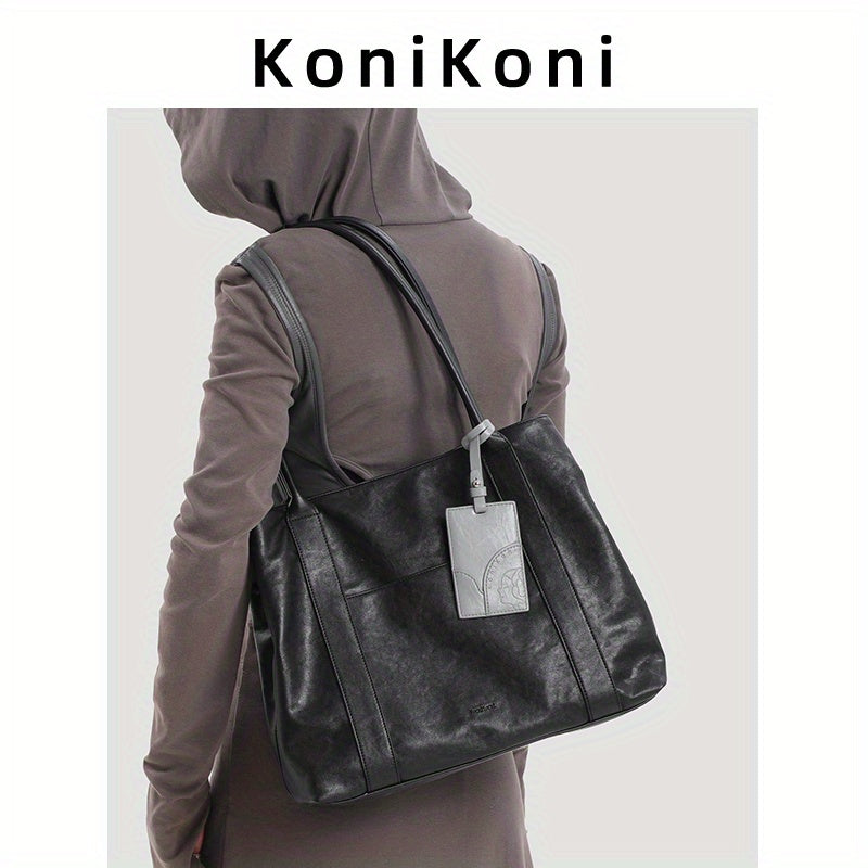 KoniKoni Red Leather Tote Bag - Large Capacity, Durable Edge Paint, Zipper Closure