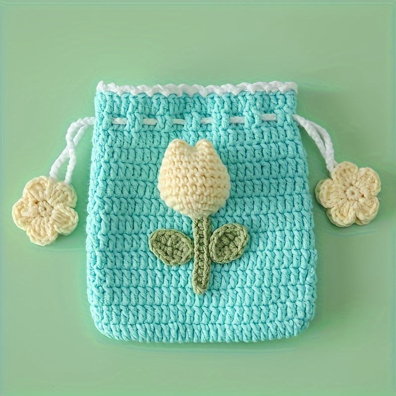 Handmade Crochet Pouch Handmade Crochet Flower Mini Drawstring Pouch | Charming Fleece Coin Purse for Lipstick, Earbuds & Accessories | Ideal Women's Gift