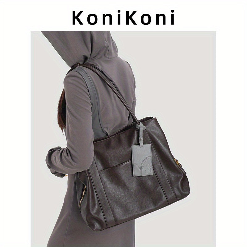 KoniKoni Red Leather Tote Bag - Large Capacity, Durable Edge Paint, Zipper Closure