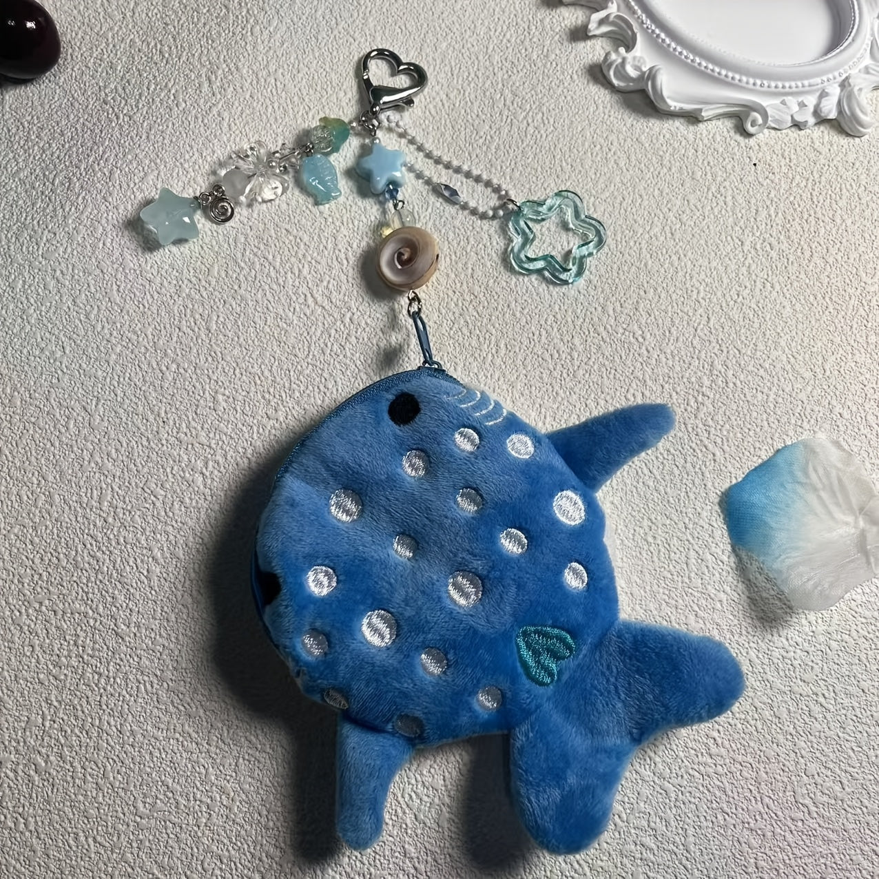 Cartoon Style Handmade Ocean-Themed Whale Shark Coin Purse with Beaded Keychain, Zip Closure, Polyurethane Lining, and Zip Pocket - Perfect Valentine'S Day Gift for Girls